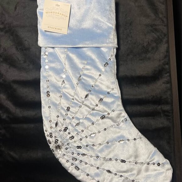 NEW Wondershop 17" Velvet Light Blue Silver Bejeweled Christmas Stocking - Picture 4 of 4